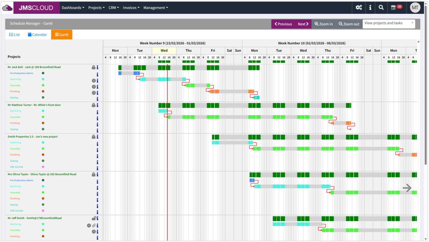 JMS Cloud Schedule Manager — Gantt chart with multiple projects, weekly view, machining/assembly/finishing/glazing tasks