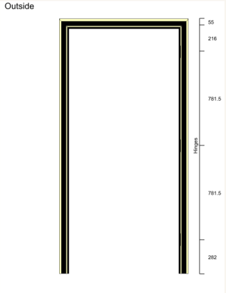 Elevation drawing of the door frame with architrave and hinge spacing