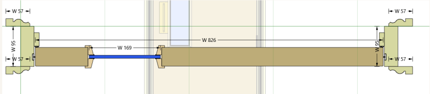 Horizontal cross-section through the doorset showing frame, leaf and architrave dimensions