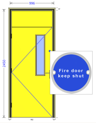 Setting-out drawing showing door dimensions, swing direction and hinge positions